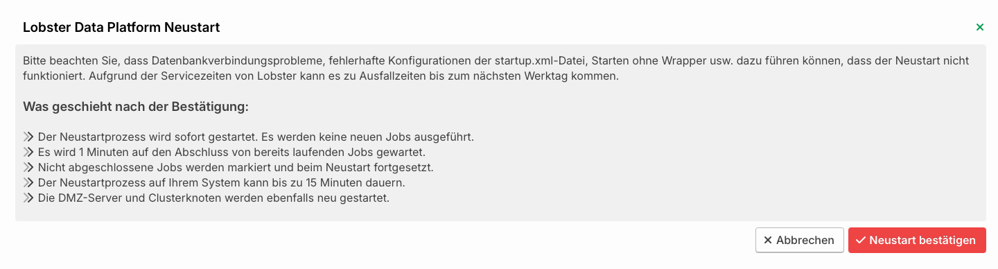 Bestätigungsdialog vor dem Neustart der Lobster Data Platform